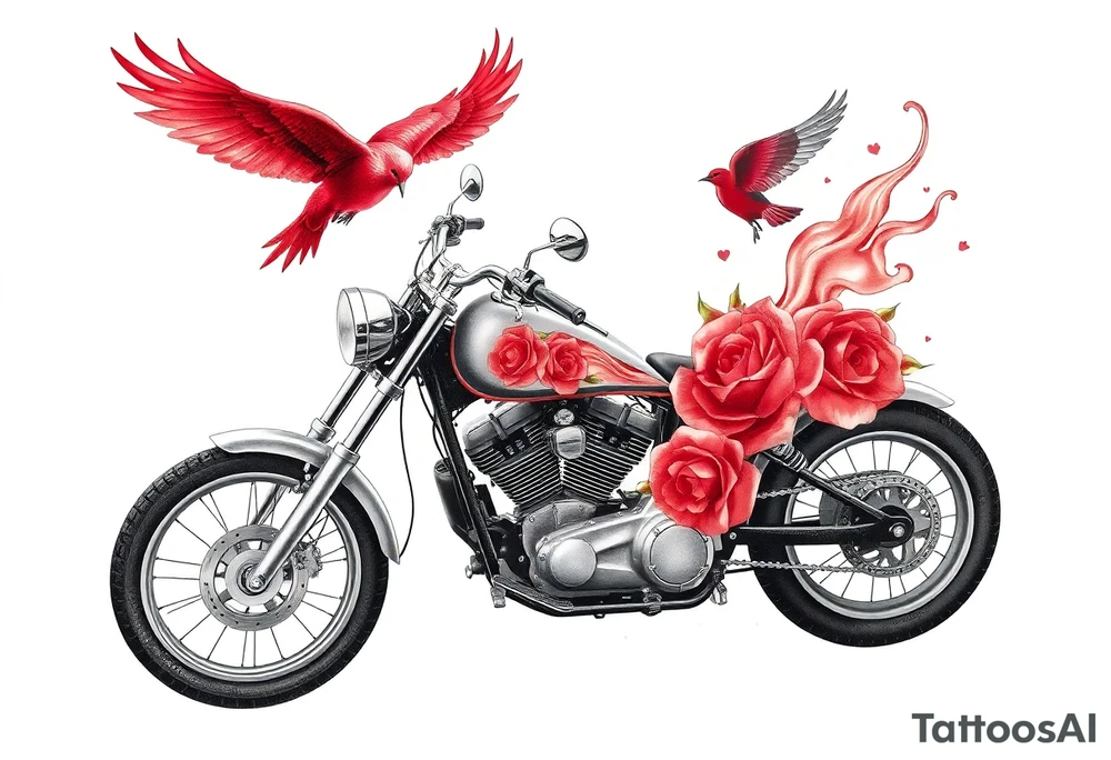 Motorcycle, red bird flying, roses and lace, flames tattoo idea
