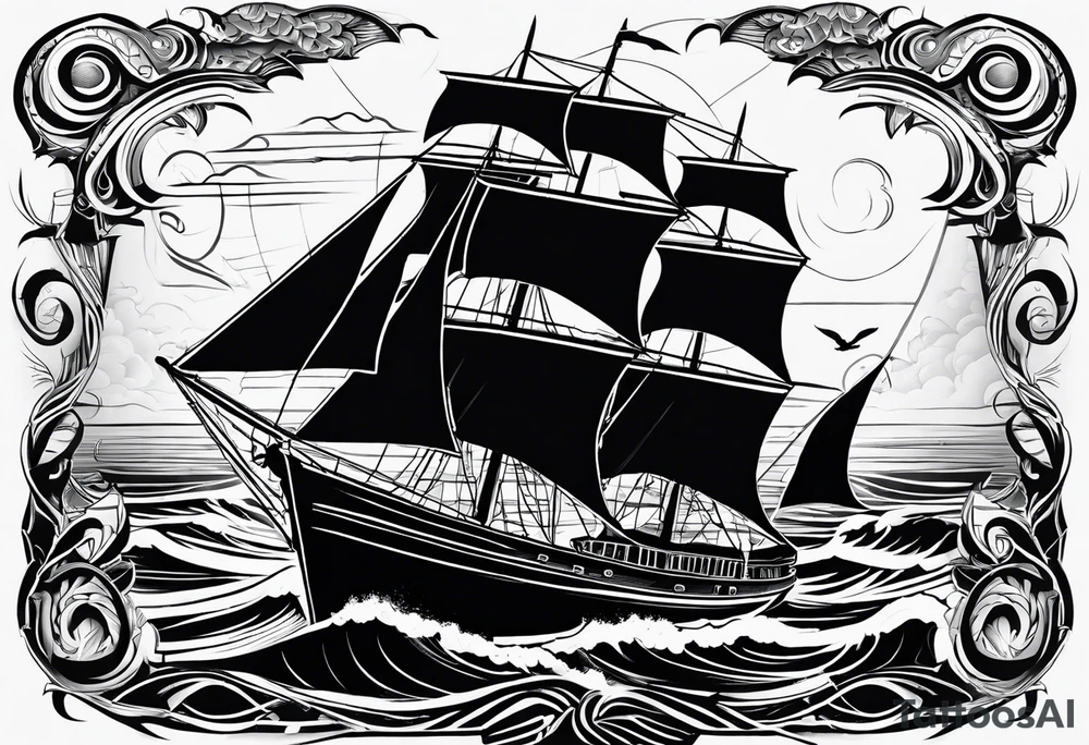 sailboat seen from the front. sail in the shape of a maritime lighthouse.phoenix drawn on the sail. tattoo idea