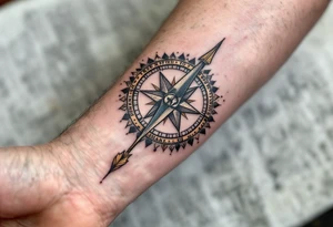 Rustic half compass with a long native American arrow pointing at my wrist with the words “True North” and says "Isaiah 40:31" tattoo idea