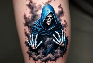 A blue-hooded Grim Reaper stepping out of a smoky gray mist with glowing white skeletal hands. tattoo idea