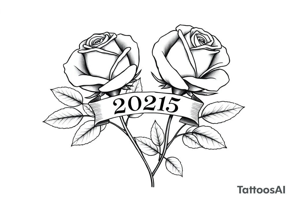 two beautiful large rose buds, one larger than the other, with many leaves next to the rose buds, with one sitting higher than the other. Include a banner connecting the two roses with "2025" on it.   Use dark outlines with little shading. The two stems should be short, not long, and connect and join into one stem, whimsically curved or twisted - not straight down. tattoo idea