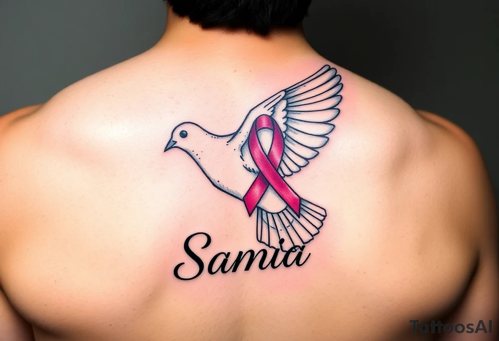 A dove carrying a breast cancer ribbon with the name Samia. tattoo idea