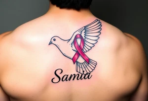 A dove carrying a breast cancer ribbon with the name Samia. tattoo idea