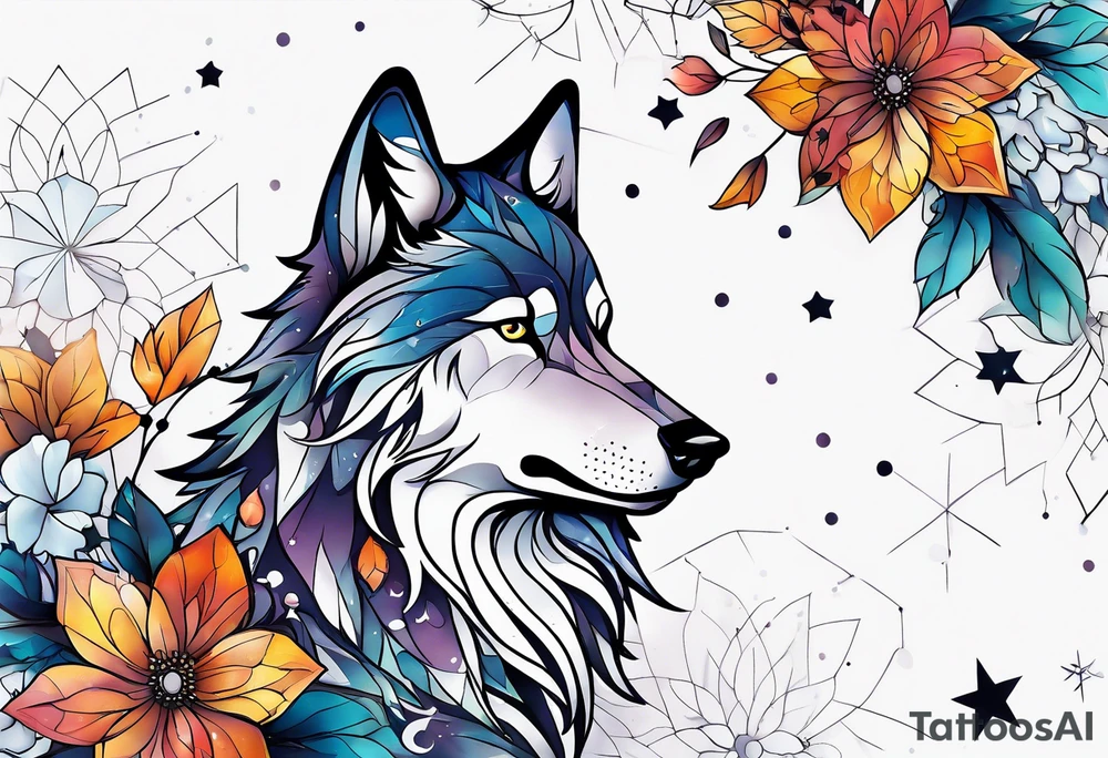 Constellation, animal wolf snow , géométric , flower tattoo idea