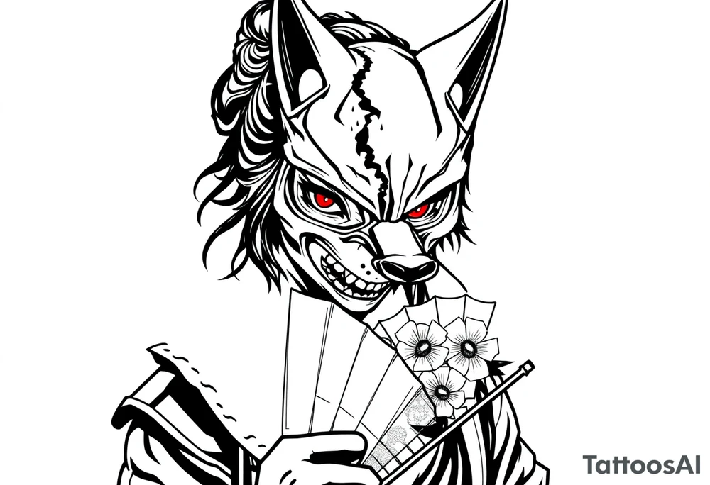 Woman samurai with red eyes, wearing an half and broken fox mask, wearing a japanese fan with irises. tattoo idea