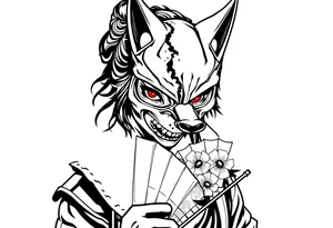 Woman samurai with red eyes, wearing an half and broken fox mask, wearing a japanese fan with irises. tattoo idea