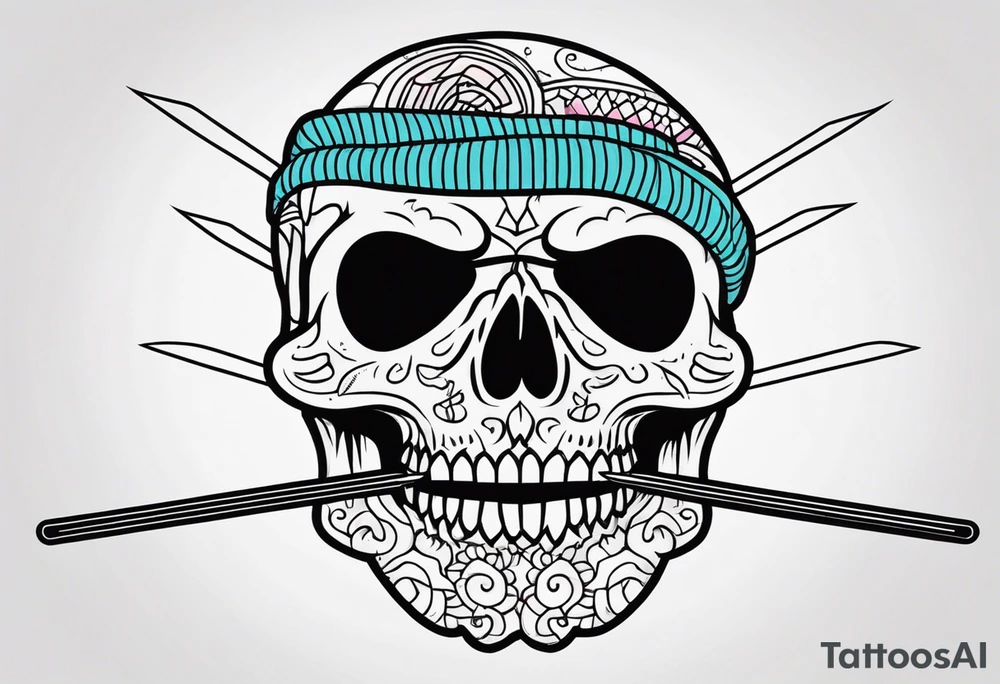 Black line skull with knitting needles stabbing through the eye sockets tattoo idea