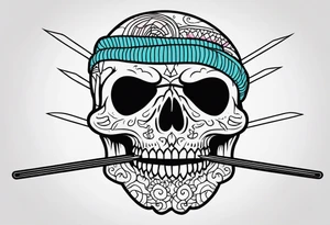 Black line skull with knitting needles stabbing through the eye sockets tattoo idea