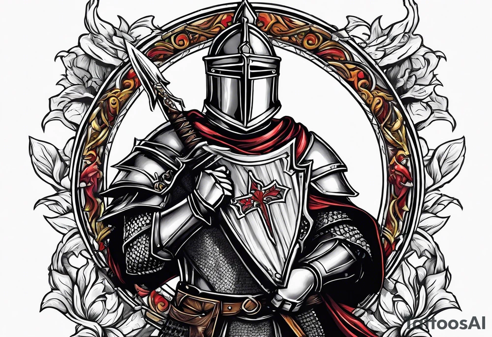 knight holding a bible over his head in combat with both hands tattoo idea