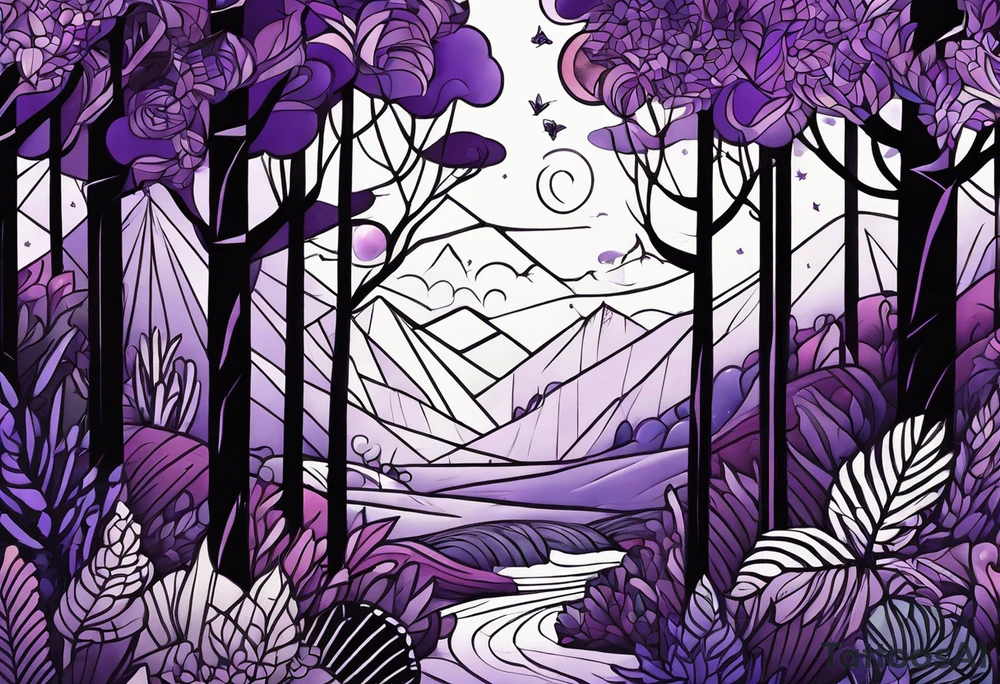 forest, lineswork, purple and black tattoo idea
