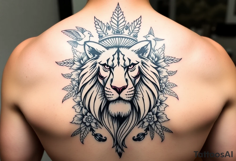 powerful majestic lion with a crown, surrounded by floral ornaments and birds tattoo idea