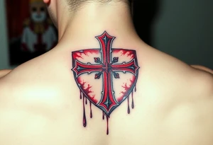 A red Templar cross dripping with rain on a battle-scarred shield, evoking a sense of perseverance tattoo idea