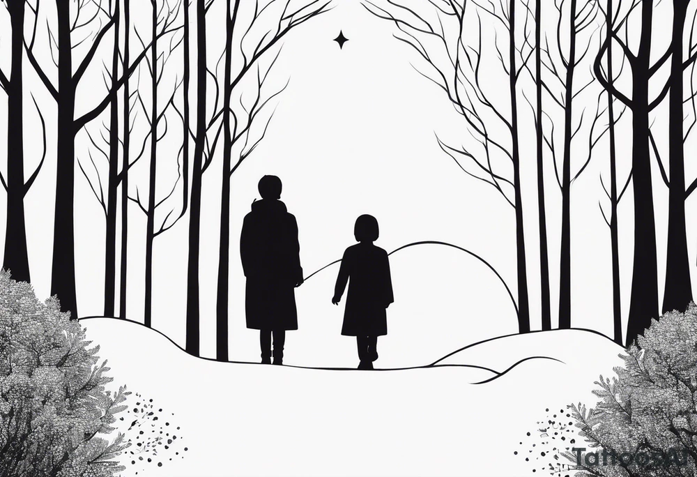 two tall silhouettes of trees and one small person standing between them with the symbol |-/ hidden somewhere in the design. i want it to look hand drawn tattoo idea