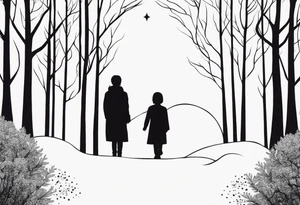 two tall silhouettes of trees and one small person standing between them with the symbol |-/ hidden somewhere in the design. i want it to look hand drawn tattoo idea