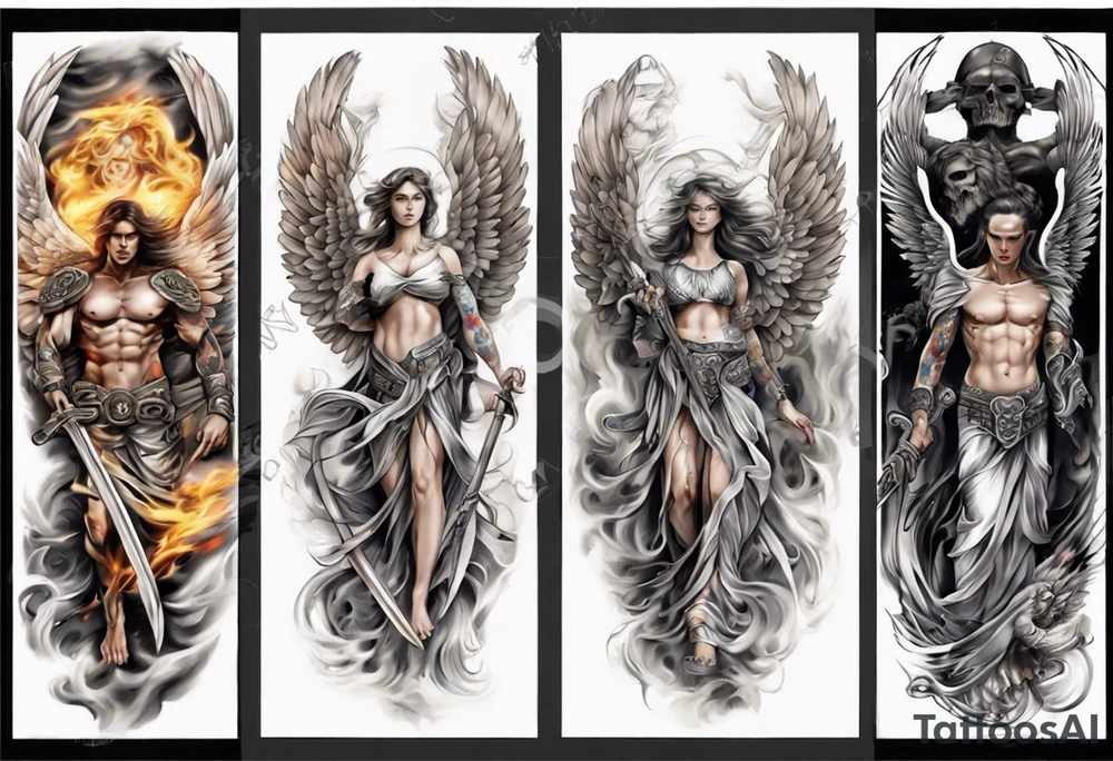 Full arm sleeves with 3 warrior angels on it tattoo idea