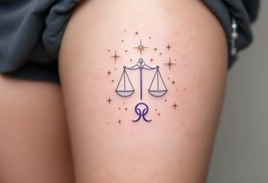 Rose gold stars connect the Libra constellation above a floating Libra symbol in soft violet. tattoo idea
