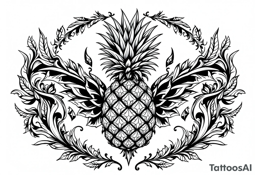 Design around a vagina and anus area using a pineapple with diamonds and magestic, crown, vagina, anus, pubic tattoo idea