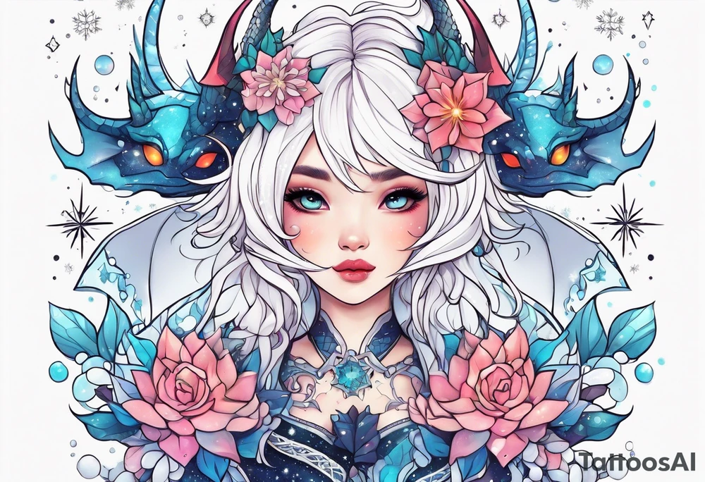 Constellation, kawaii dragon girl , snowflake tattoo idea