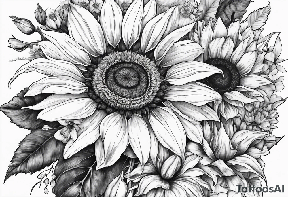 Sunflower, Lillie’s, roses, daisies, poppy’s tattoo idea