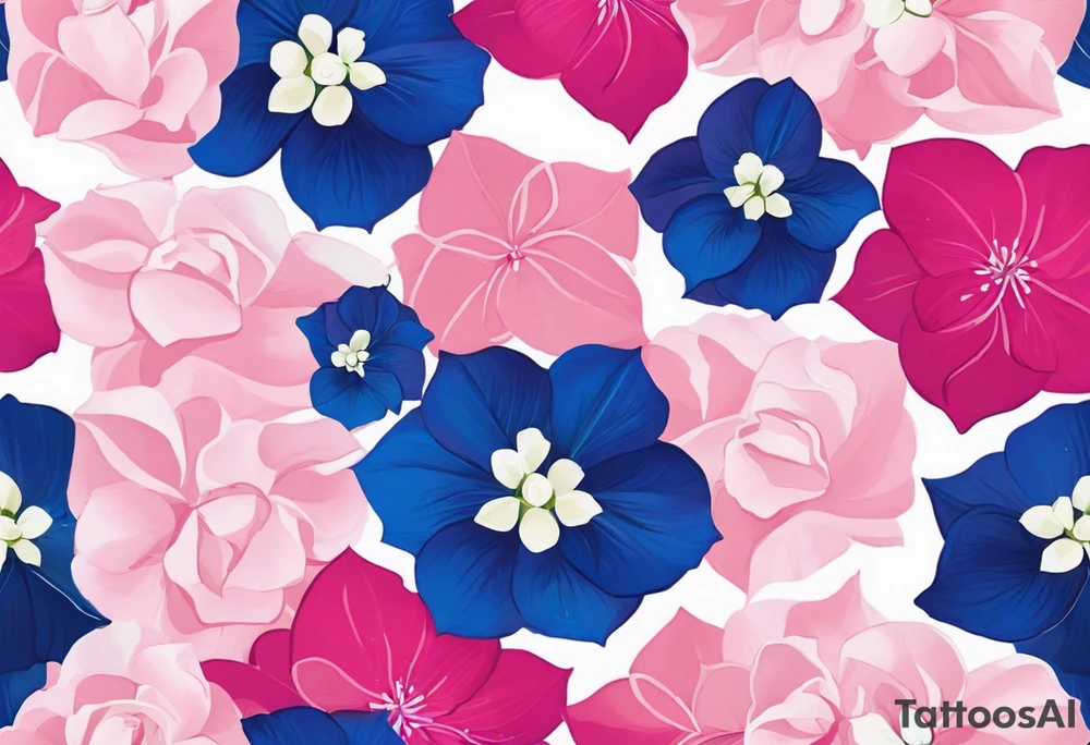 based on my wedding flowers for my wrist:Light pink hydrangea petals, white hydrangea petals, deep blue hydrangea petals, hot pink hydrangea petals, baby pink roses, hot pink roses, light pink stargazer lilies. With some purpley/bluey delphinium petals and tiny white and light pink flowers. With leaves weaving between them all and festoon and fairy lights around the outside, giving the flowers a glow. tattoo idea