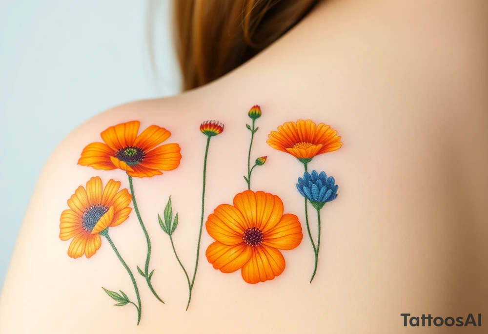 California poppies, California blackberries, gray’s lupine, marsh marigold, Indian paintbrush, one daisy, and an orange and orange blossom tattoo idea