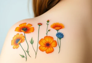 California poppies, California blackberries, gray’s lupine, marsh marigold, Indian paintbrush, one daisy, and an orange and orange blossom tattoo idea