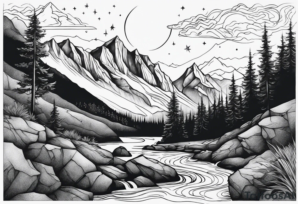 mountains, nature, stars, cross, waterfall, water tattoo idea