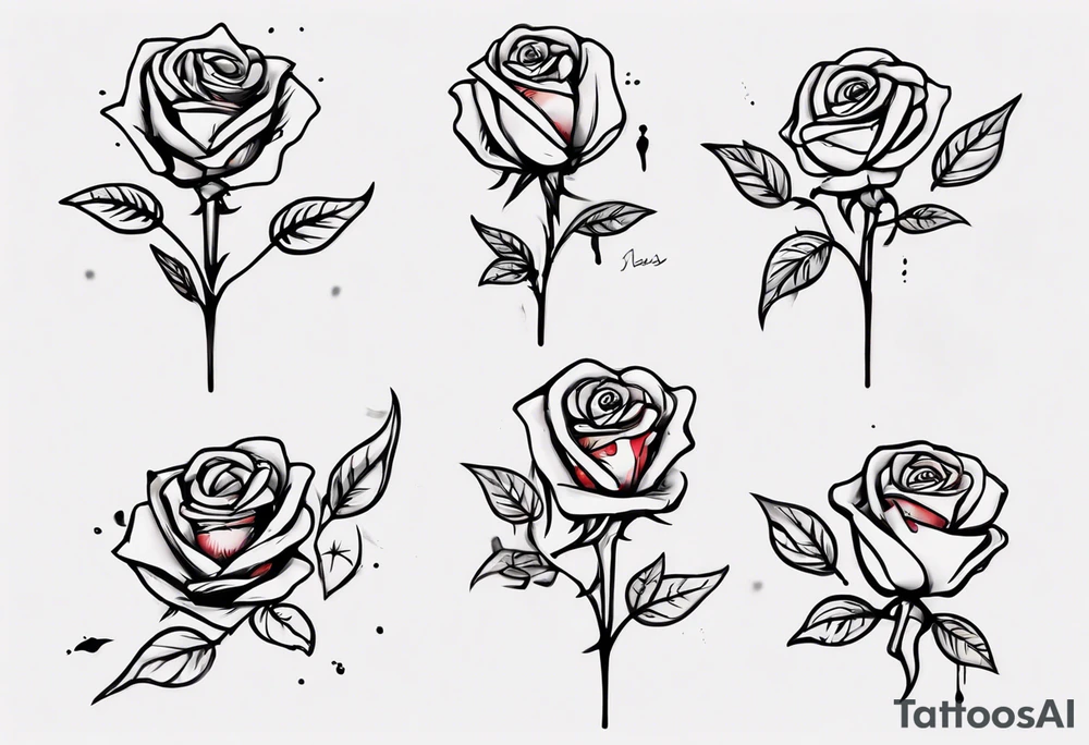 a one-line rose, add some splattered red blood and thorns, small, with stem, very simple, with the name Jesus written in the stem tattoo idea