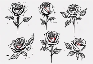 a one-line rose, add some splattered red blood and thorns, small, with stem, very simple, with the name Jesus written in the stem tattoo idea