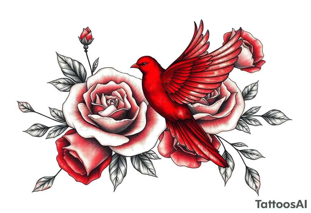 Vintage lace, red roses close together, bright red bird flying freely tattoo idea