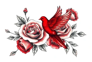 Vintage lace, red roses close together, bright red bird flying freely tattoo idea