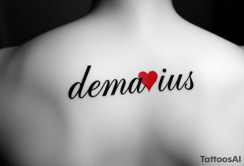the name “demarius” name in cursive in red ink with a heart over the i tattoo idea