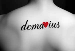 the name “demarius” name in cursive in red ink with a heart over the i tattoo idea