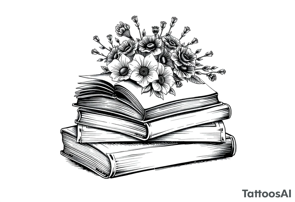 stack of 3 vintage books top book open with bouquet of wild
flowers coming out of it tattoo idea