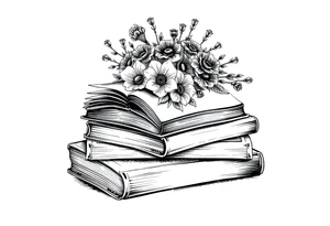 stack of 3 vintage books top book open with bouquet of wild 
flowers coming out of it tattoo idea