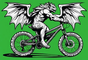 gargoyle riding a green full suspension mountain bike with a shadow no background with wings tattoo idea