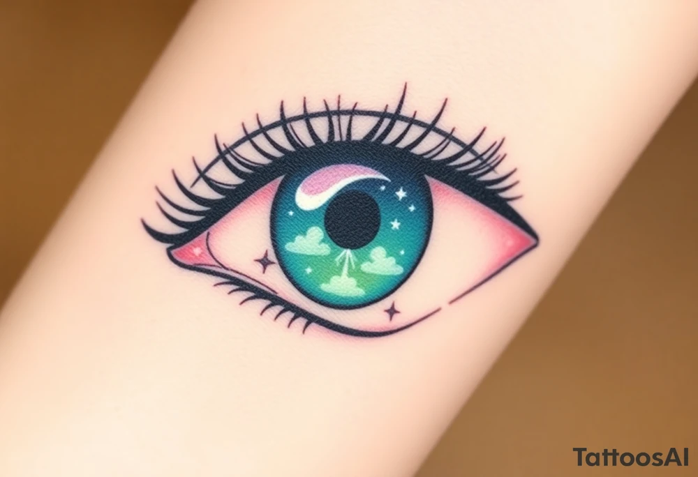 Large outline of an eye shaped like an almond with eye colored greenish blue with long pretty black eyelashes + spade inside of the eye + a crescent moon stars and clouds inside of the eyeball only + using vivid colors like blue green purple light blue light green light purple tattoo idea