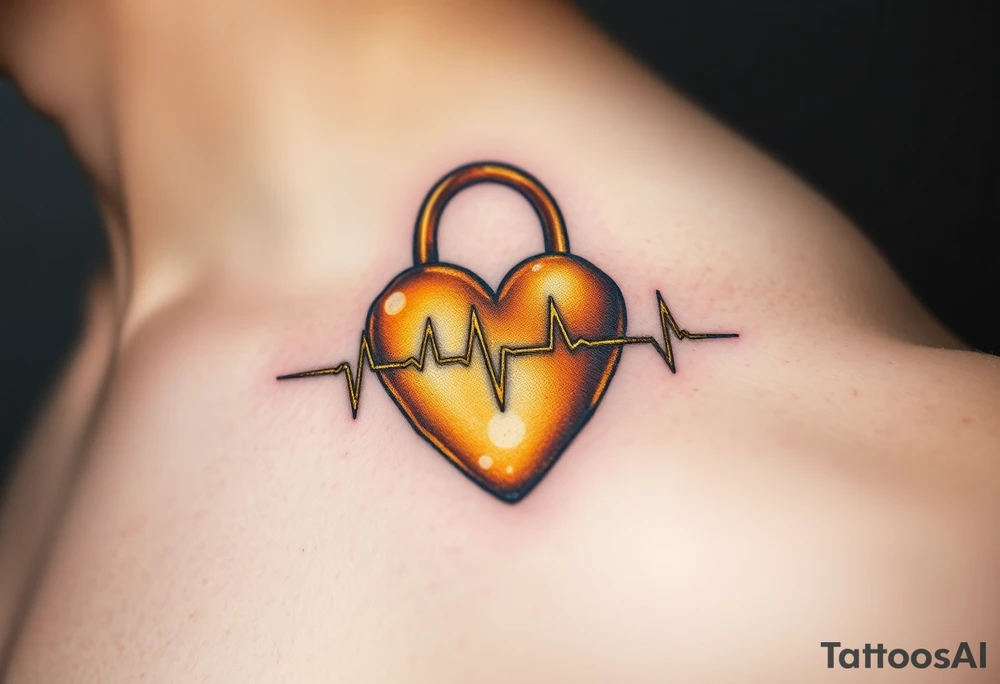 A heartbeat flowing into a heart lock, painted in golden yellow with metallic touches, symbolizing eternal commitment. tattoo idea