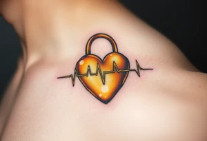 A heartbeat flowing into a heart lock, painted in golden yellow with metallic touches, symbolizing eternal commitment. tattoo idea