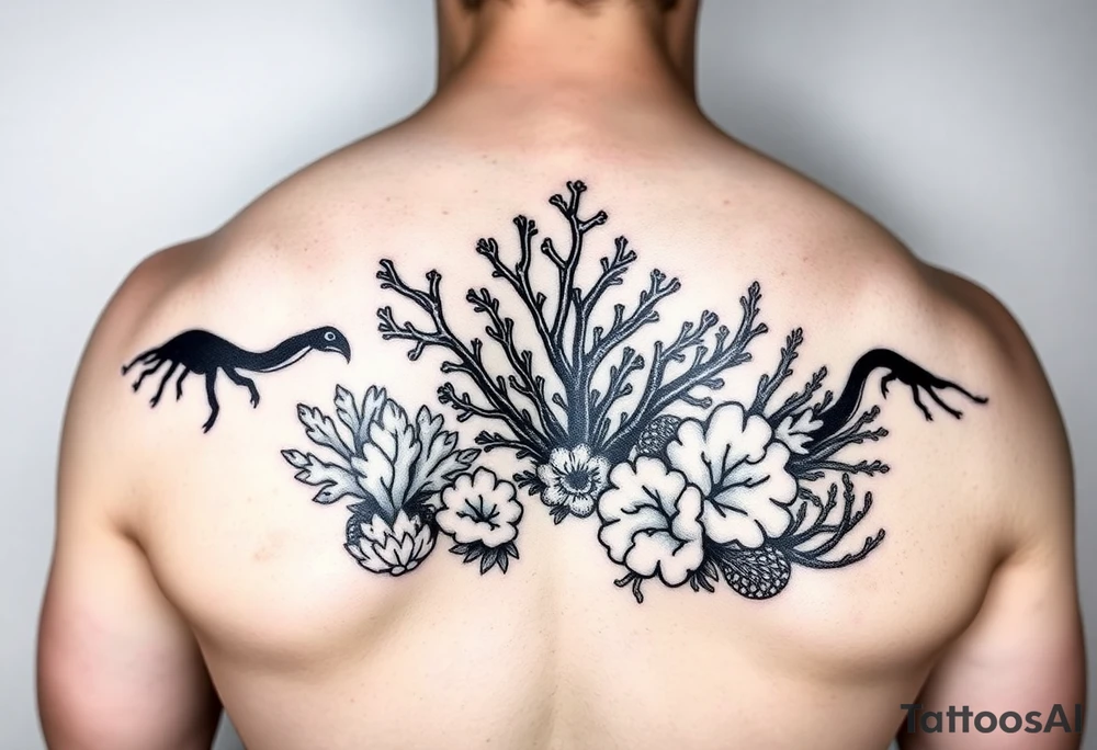 Tribal style tattoo of coral reef, black on skin only. It must be prominent that the design is tribally inspired. The design should be symmetrical. There miust be variation in the types of coral. The design should fit on a calf tattoo idea