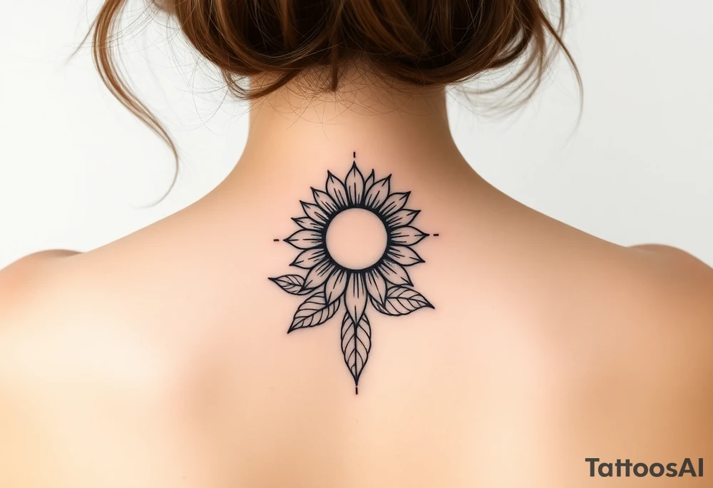Fine line spine tattoo with sun centered in the middle with a sunflower and a bit of beach theme tattoo idea