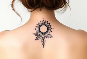 Fine line spine tattoo with sun centered in the middle with a sunflower and a bit of beach theme tattoo idea