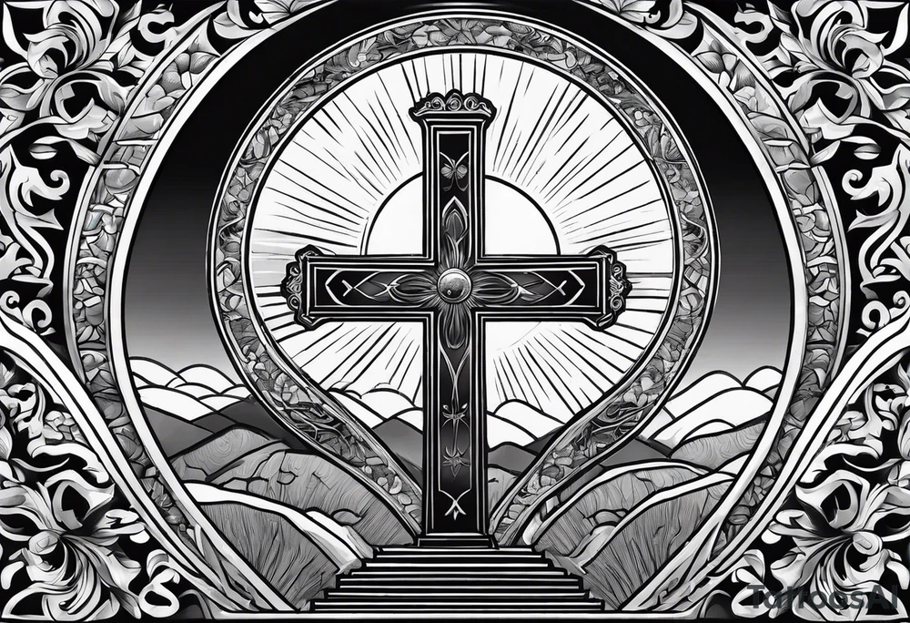 Tomb with cross and sun in the background tattoo idea