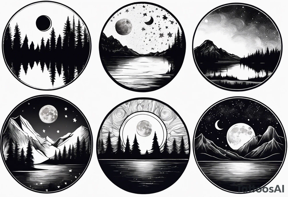 Picture of the moon phases in the sky, trees, lake, mountains and night sky in a circle with paint dripping tattoo idea