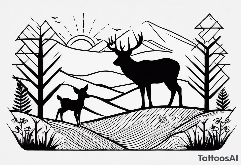“Generate a minimalist tattoo showcasing a symmetrical scene of rolling hills and a rising sun, with small animals like deer or foxes incorporated into the design. tattoo idea