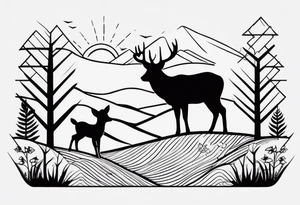 “Generate a minimalist tattoo showcasing a symmetrical scene of rolling hills and a rising sun, with small animals like deer or foxes incorporated into the design. tattoo idea