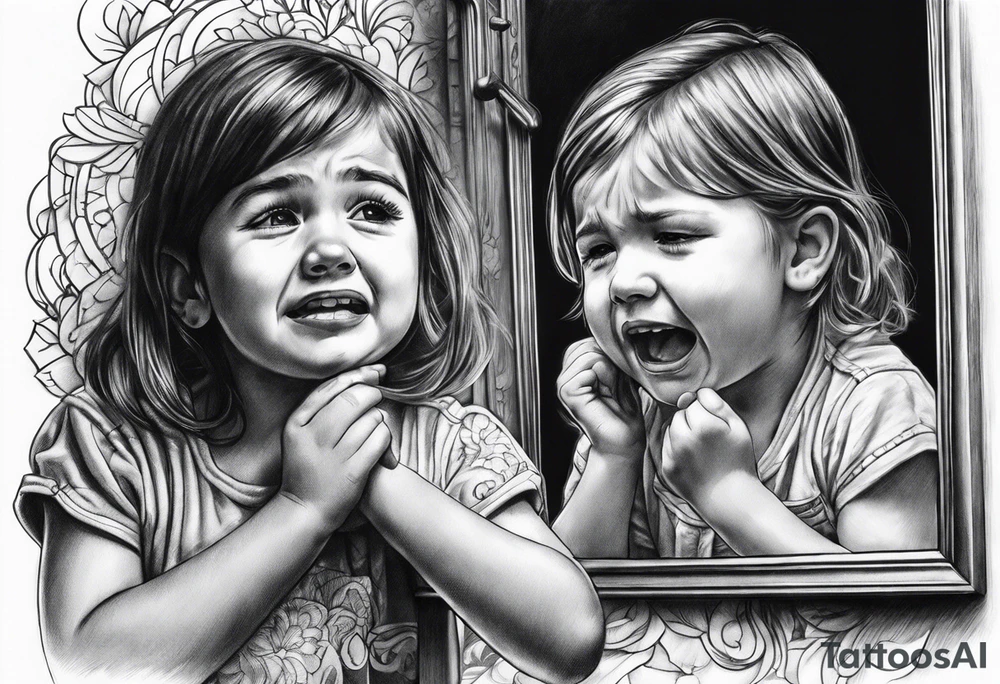 Little girl crying in the mirror with older self tattoo idea