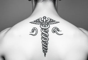 Caduceus with snakes intertwined going up spine tattoo idea