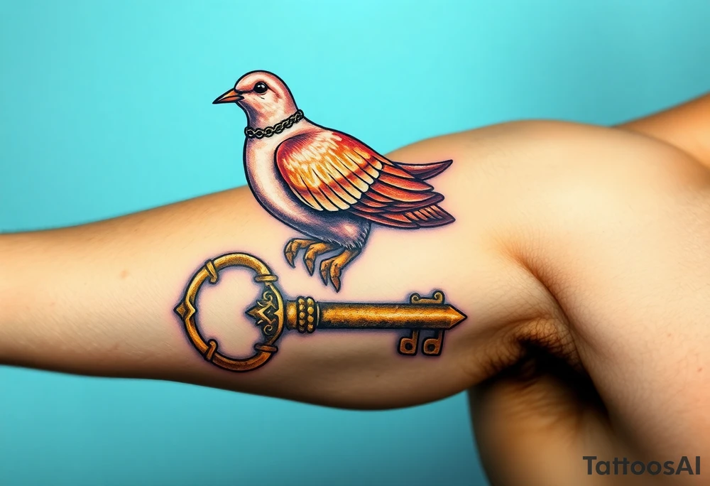A collared dove perched on a vintage key, with the dove in soft browns and whites, and the key in antique gold, symbolizing love, protection, and freedom tattoo idea