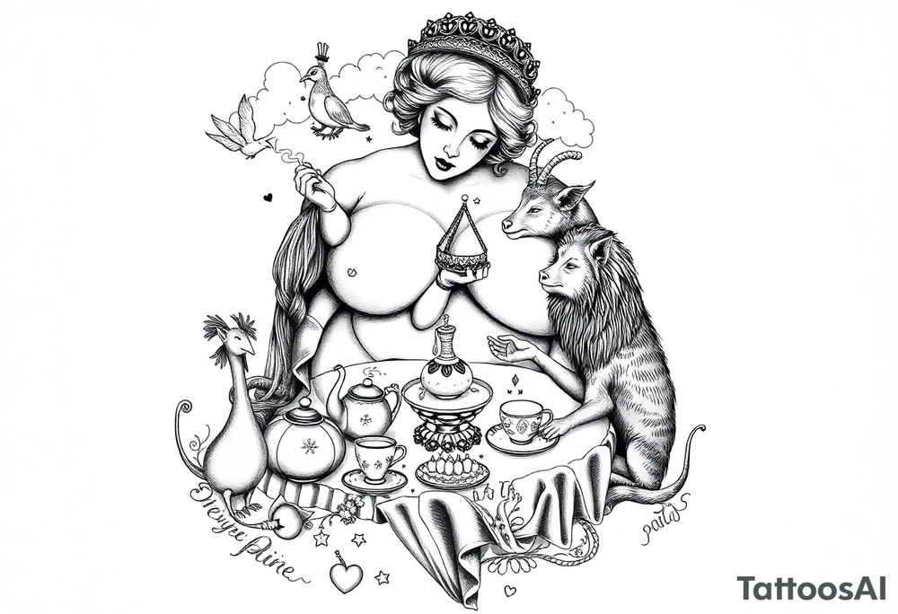 naked fat lady having a tea party with tea pots and 
with a pig, peacock, noose, lion, goat, smoking cigerettes looking in the mirror having sex with a man eating a cake thru storm clouds with knife and broken hearts and darkness tattoo idea